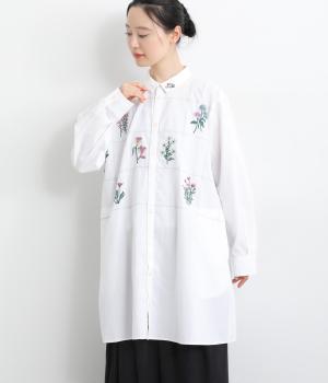 コットンサンドウォッシュ ボタニカルウィンドウ刺繍チュニックシャツ