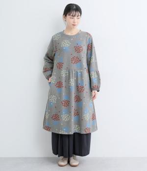 コットンポリエステル フラワーポットニットジャカードワンピース(杢グレー-F)
