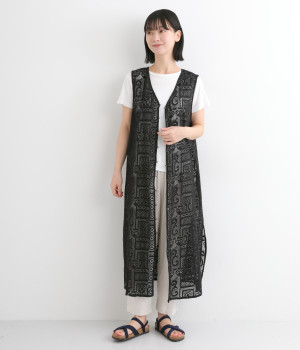 MARIさま専用　NINE レース　ジレ 刺繍レースミニドレス/ロングスリーブ/シアー/パールボタン/谷間