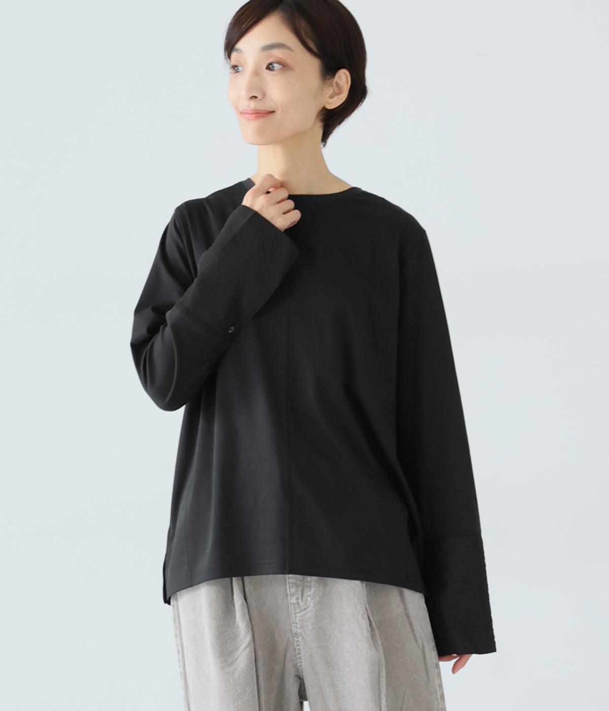コットンスムースカフスデザインロングＴシャツ(ブラック-F)
