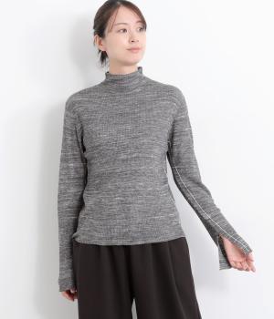 袖口スリットリブニットタートル(杢グレー-F)