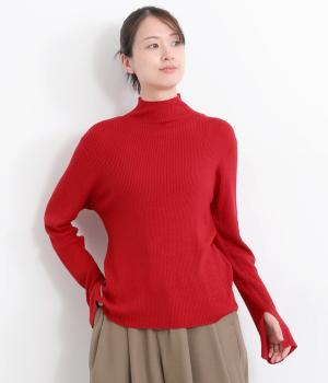 袖口スリットリブニットタートル(レッド-F)