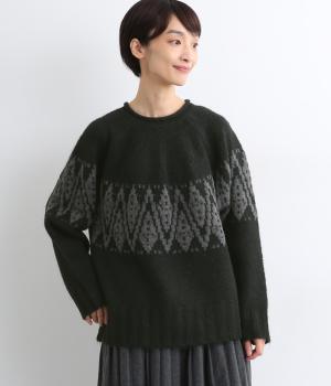 ニットジャカードモノトーン柄プルオーバー(ブラック-F)