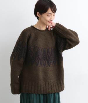 ニットジャカードモノトーン柄プルオーバー(ブラウン-F)