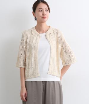 リネンタッチ　MIXカラー透かし編みニットシャツ