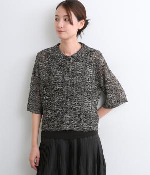 リネンタッチ　MIXカラー透かし編みニットシャツ(ブラック系-F)