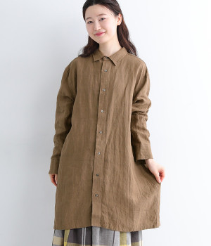 リネンナチュラルワッシャーロングスリーブシャツ(ブラウン-ONESIZE)
