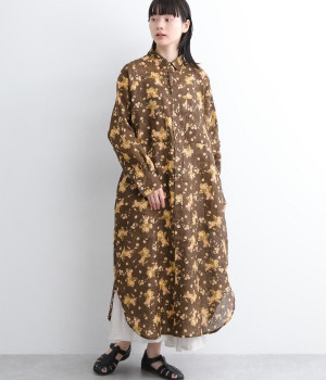 リネンフラワープリントドレス(ブラウン-ONESIZE)