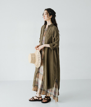 リネンキャンバスオーバーダイドレス(カーキ-ONESIZE)