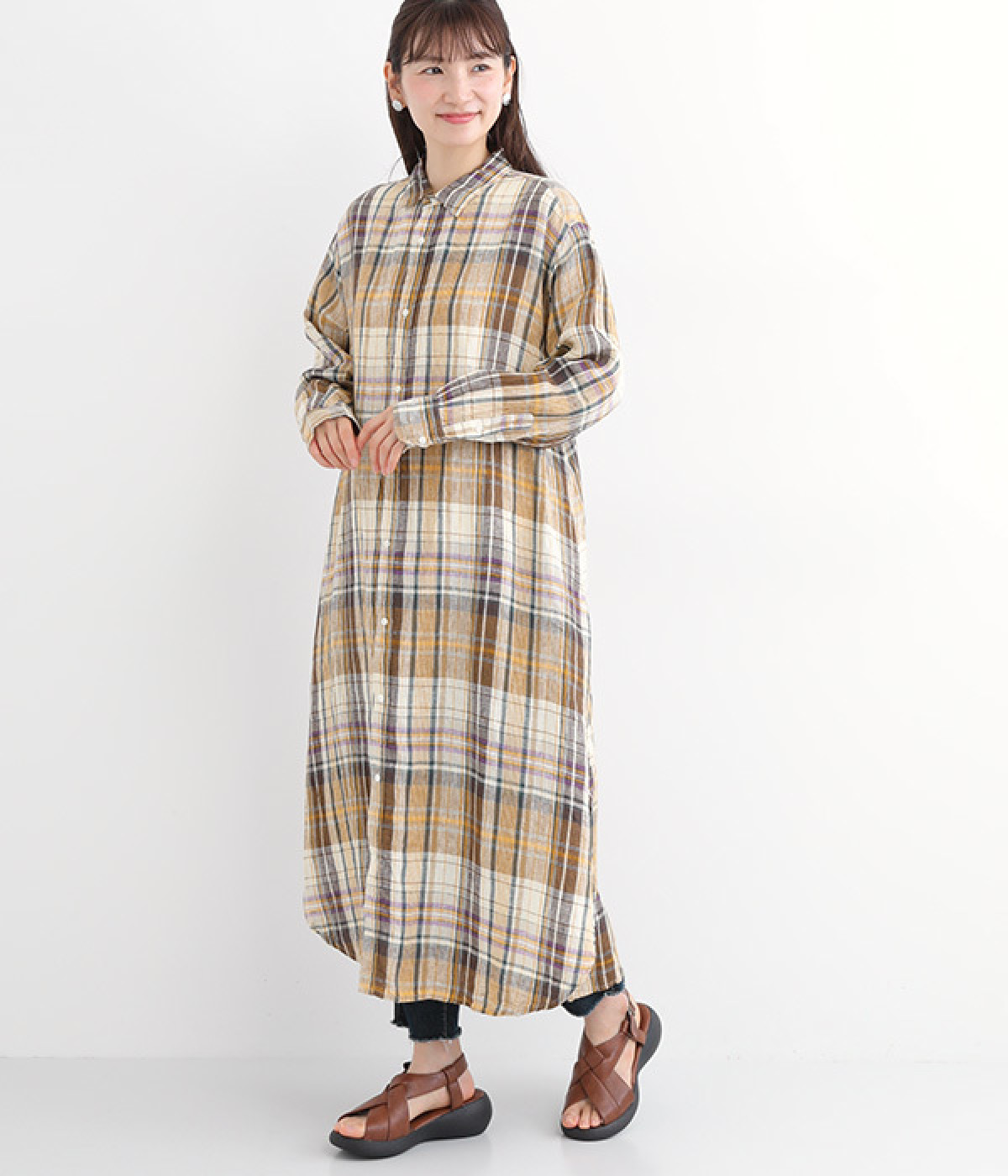 ichi Antiquite's チェック柄 リネンシャツワンピース ベージュ ichi Antiquite's チェック柄 リネンシャツワンピース ベージュ ichi