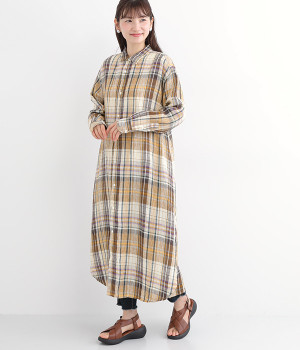 リネンチェックシャツドレス(ベージュ-ONESIZE)