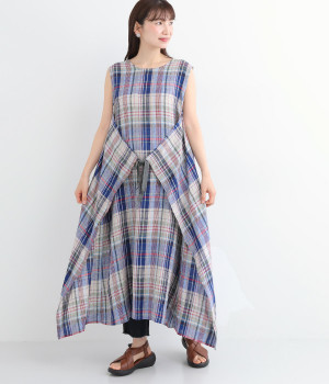 リネンチェックドレス(ネイビー-ONESIZE)