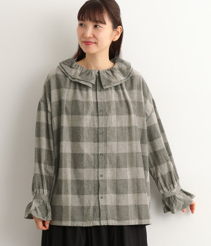 コットンヤクウールブロックチェックフランネル2WAYブラウス(グレー-ONESIZE)