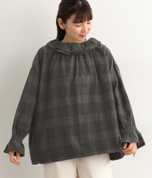 コットンヤクウールブロックチェックフランネル2WAYブラウス(チャコール-ONESIZE)