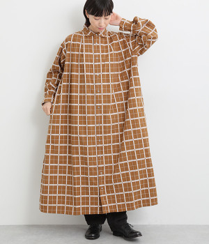コットンドビーチェックワンピース(ブラウン-ONESIZE)