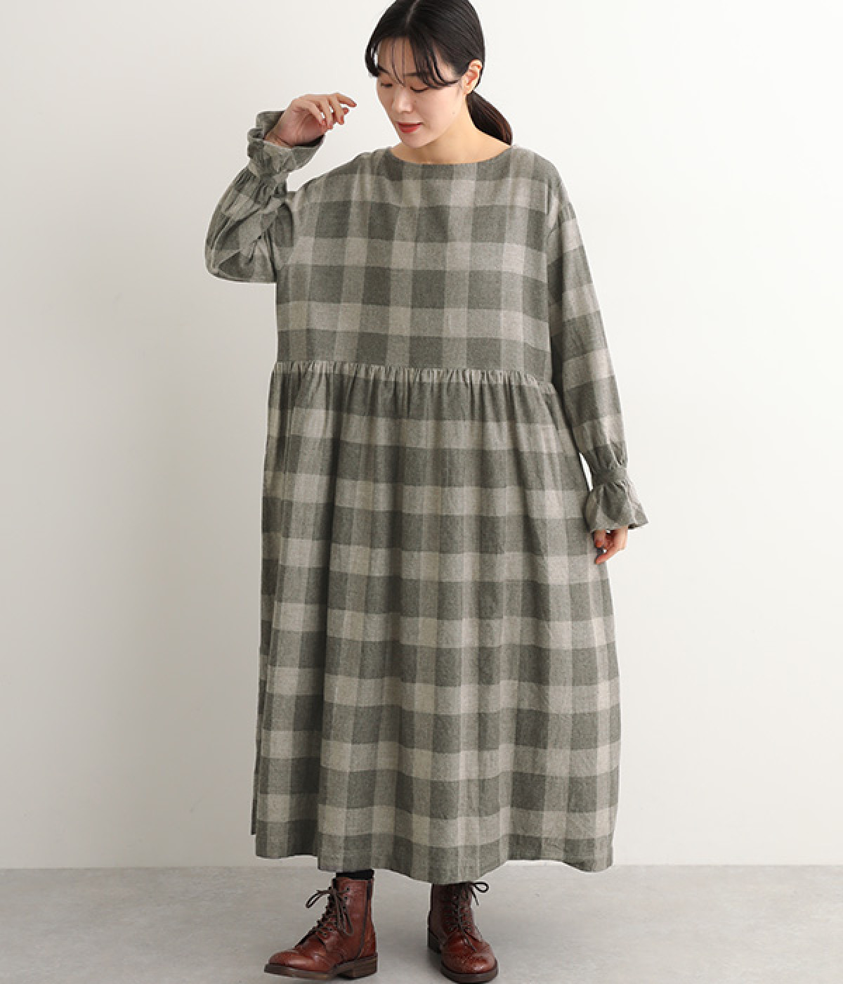 コットンヤクウールブロックチェックフランネルドレス