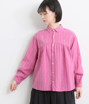 リネンコットンドビーストライプシャツ(ピンク×ナチュラル-ONESIZE)