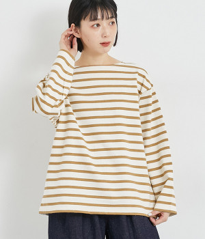 【UNDYED】コットンストライププルオーバー(ナチュラル×キャメル-ONESIZE)
