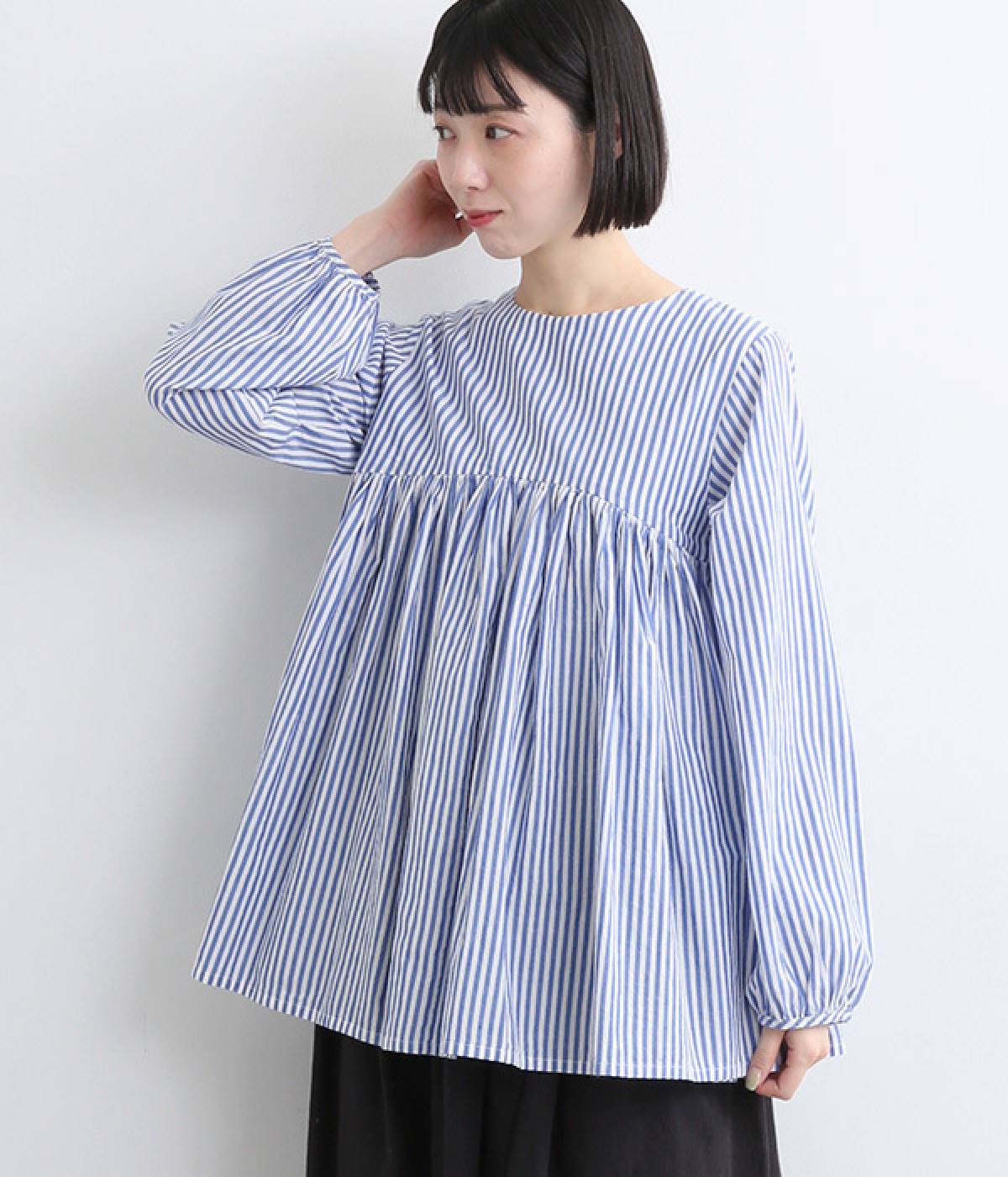 コットンリネンストライプ 2wayギャザーブラウス(ブルー-ONESIZE)