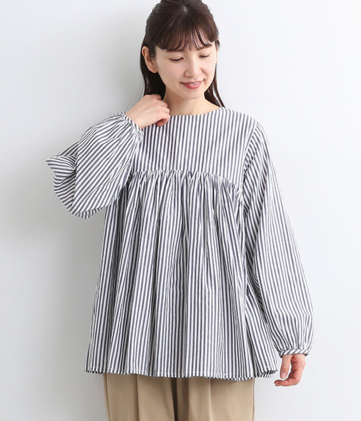 コットンリネンストライプ 2wayギャザーブラウス(ネイビー-ONESIZE)
