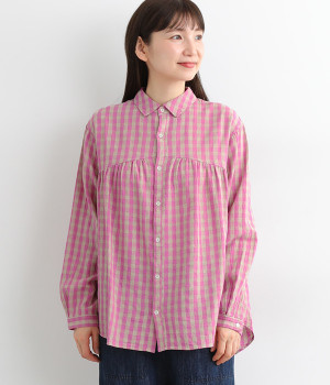 リネンコットンギンガムシャツ(ピンク×ナチュラル-ONESIZE)