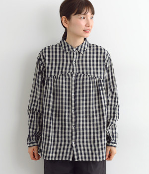 リネンコットンギンガムシャツ(インディゴ×ナチュラル-ONESIZE)