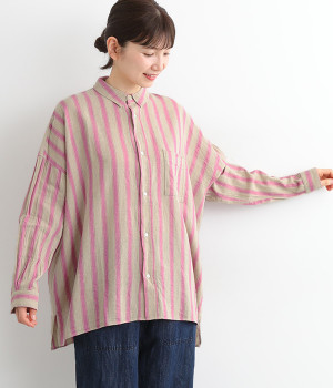 リネンコットンストライプシャツ(ピンク×ナチュラル-ONESIZE)