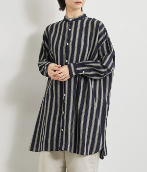 リネンコットンストライプビッグシャツ(インディゴ×ナチュラル-ONESIZE)
