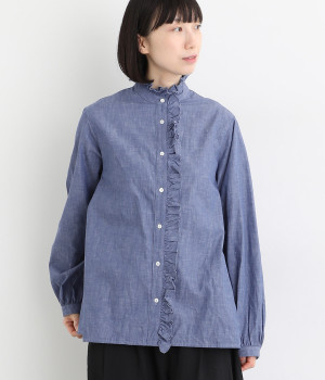 コットンリネンシャツ(ブルー-ONESIZE)
