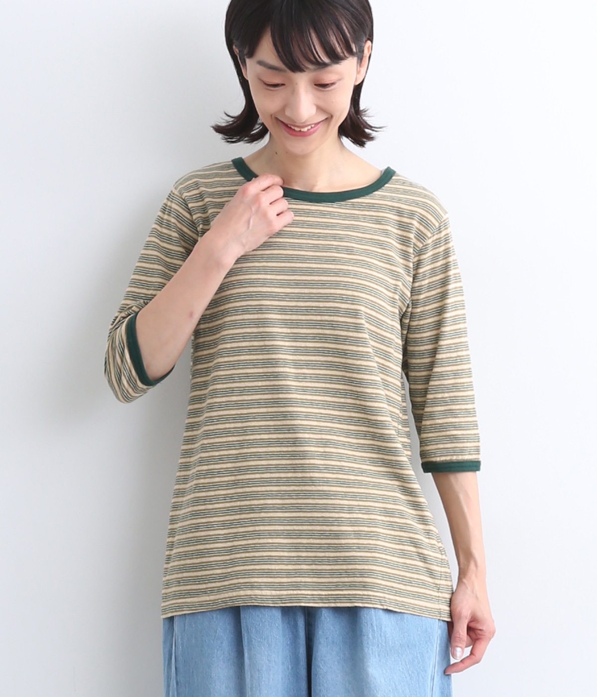 コットンマルチボーダークルーネックプルオーバー(グリーン-ONESIZE)