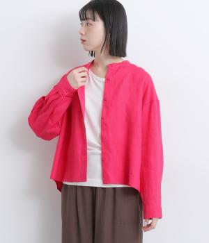 リネン　バックギャザーバンドカラーシャツ(ピンク-F)