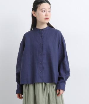 リネン　バックギャザーバンドカラーシャツ(ネイビー-F)