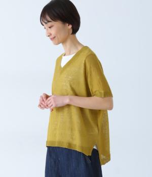 リネン100　Ｖネックニットワイドベスト