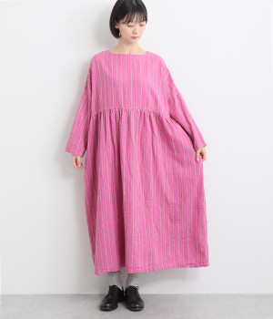 リネンコットンドビーストライプウエスト切り替えギャザーワンピース(ピンク×ナチュラル-ONESIZE)