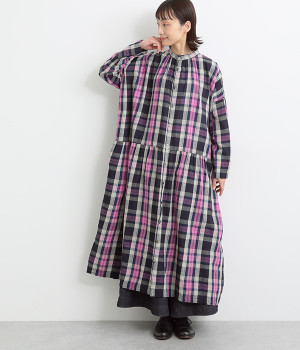 リネンコットンタータンチェックウエスト切り替えギャザーワンピース(インディゴ-ONESIZE)