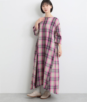リネンコットンタータンチェックシャツワンピース(ピンク-ONESIZE)