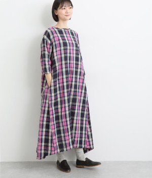 リネンコットンタータンチェックシャツワンピース(インディゴ-ONESIZE)
