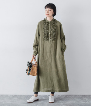 フレンチリネン　フリルワンピース(オリーブ-ONESIZE)