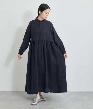フレンチリネンワンピース(ネイビー-ONESIZE)