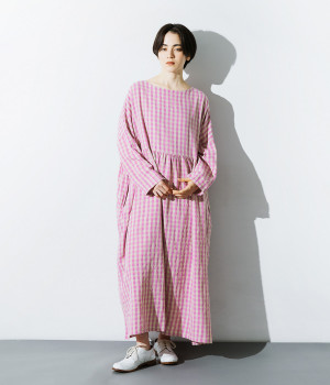 リネンコットンギンガムウエスト切り替えギャザーワンピース(ピンク×ナチュラル-ONESIZE)