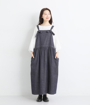 リネンコットンデニムエプロンワンピース