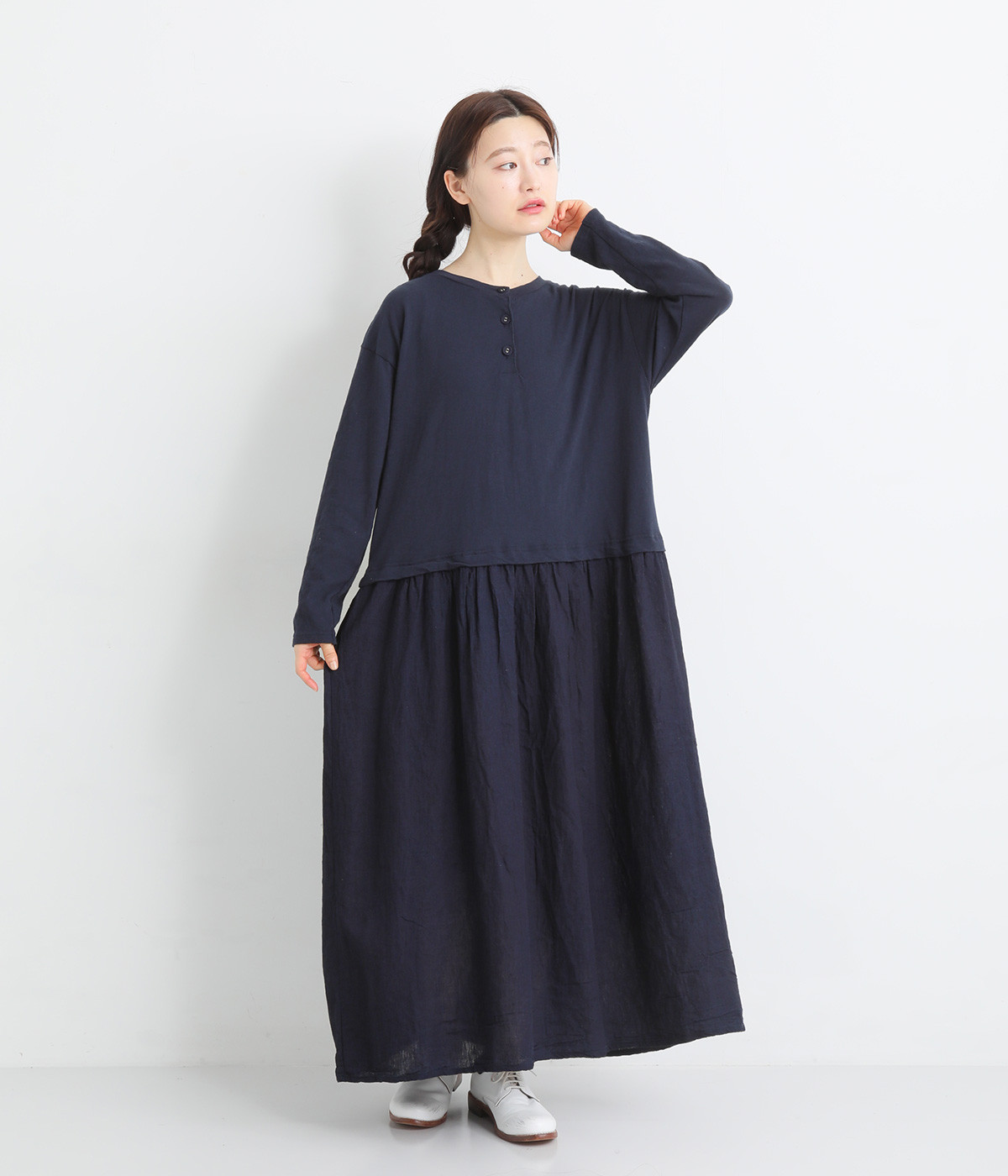 ichi イチ コットンリネン ワンピース ナチュラル ネイビー 麻 綿