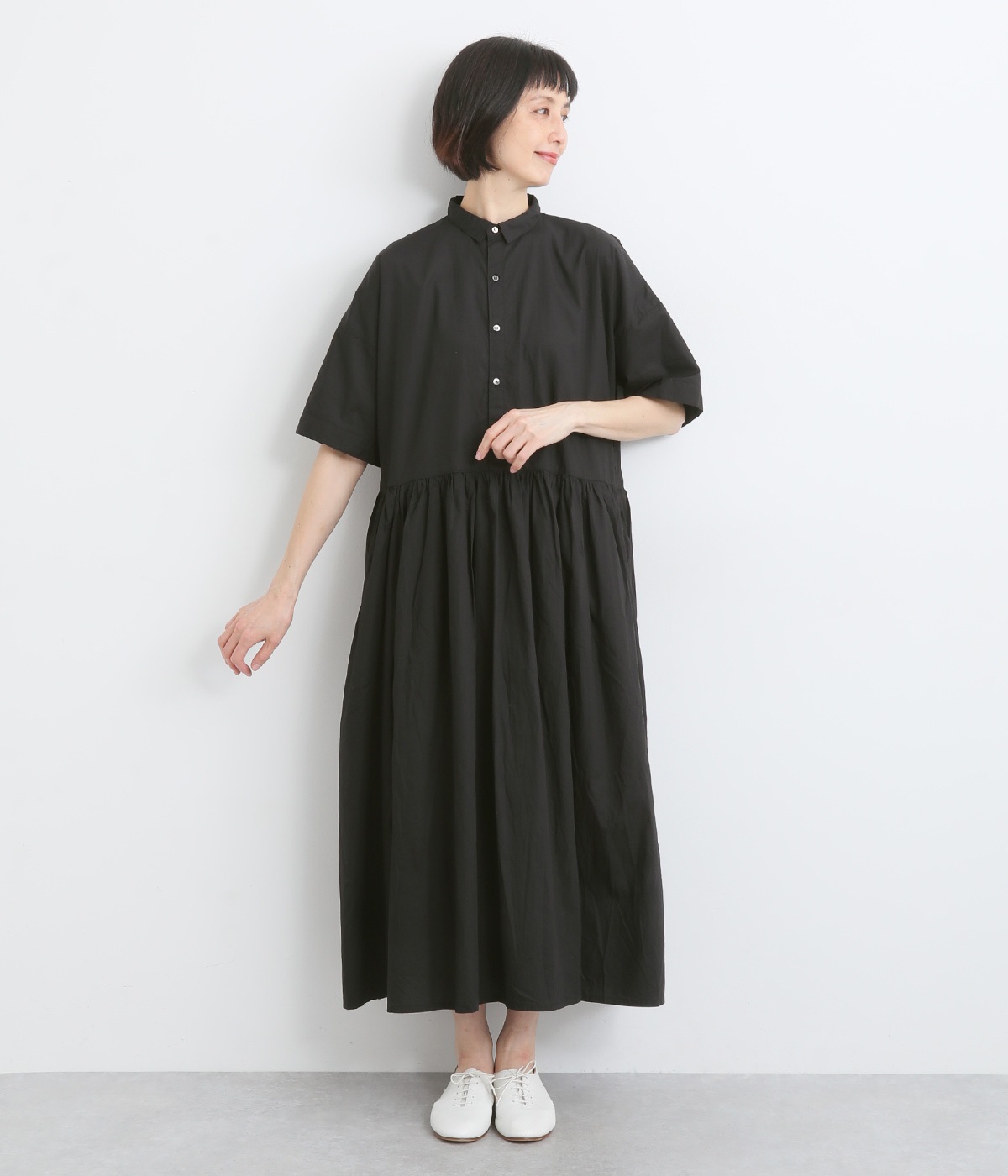 コットンブロードギャザーワンピース(ブラック-ONESIZE)