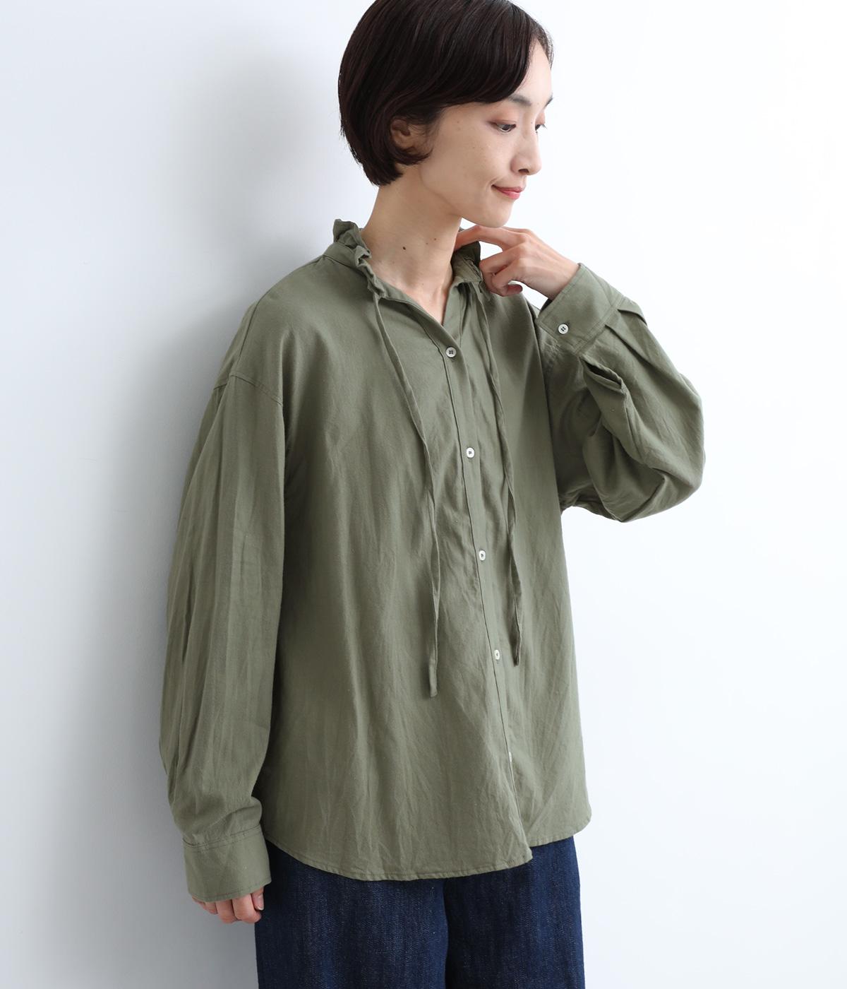 ピーチワッシャースタンドフリルシャツ(グリーン-ONESIZE)