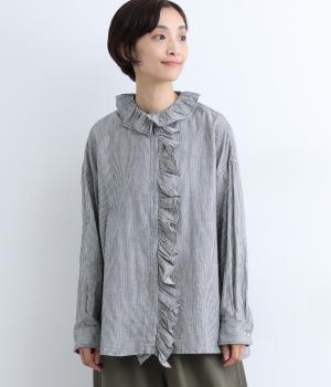 インディゴストライプ前立てフリルシャツ
