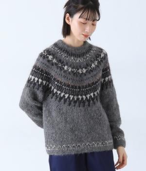 アルパカウールナイロンペルーハンドニットプルオーバー(グレー-F)
