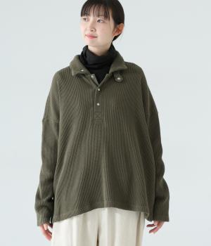 ワッフル　襟元2wayプルオーバー(カーキ-F)