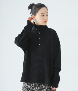ワッフル　襟元2wayプルオーバー(ブラック-F)