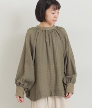 ウールギンガム　袖リブ2wayブラウス