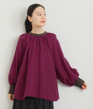 ウールギンガム　袖リブ2wayブラウス(ブラウン×プラム-F)